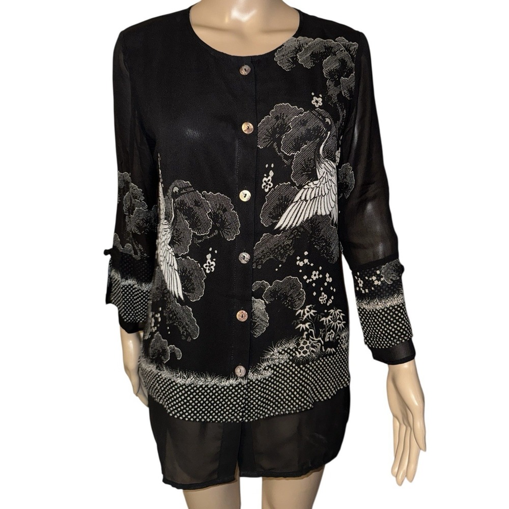 Citron Santa Monica Womens Plus M 100% Silk Bird Print Button Up Shirt Blouse